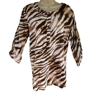 JM Collection Women's Linen Button Front Brown Animal Print Tunic Top Size 12